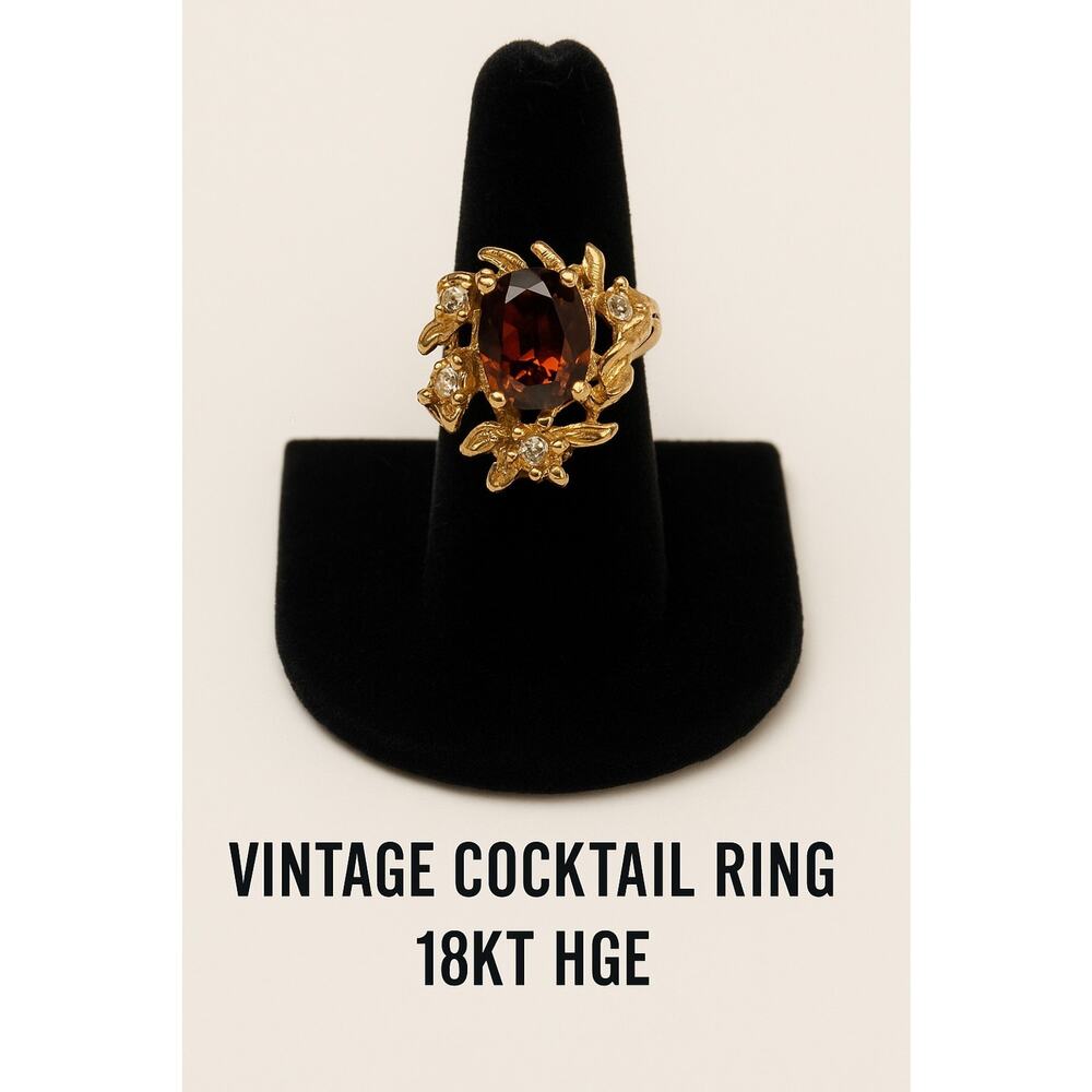 Vintage 18KT HGE Cocktail Ring Brown Oval Cut Glass Stone and Clear Glass Stones